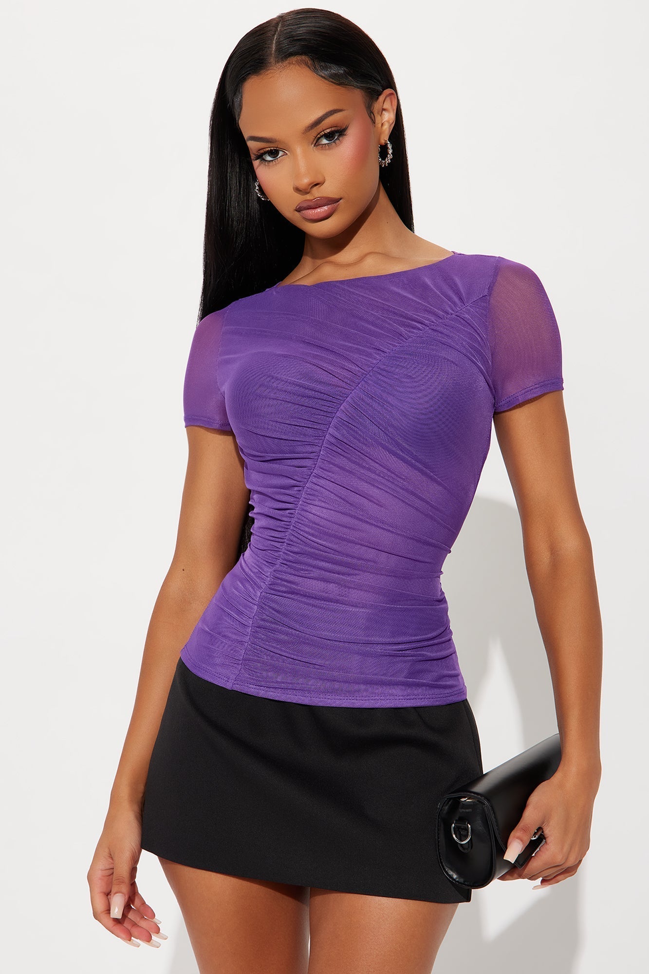 Ruched Short Sleeve Mesh Top - Purple