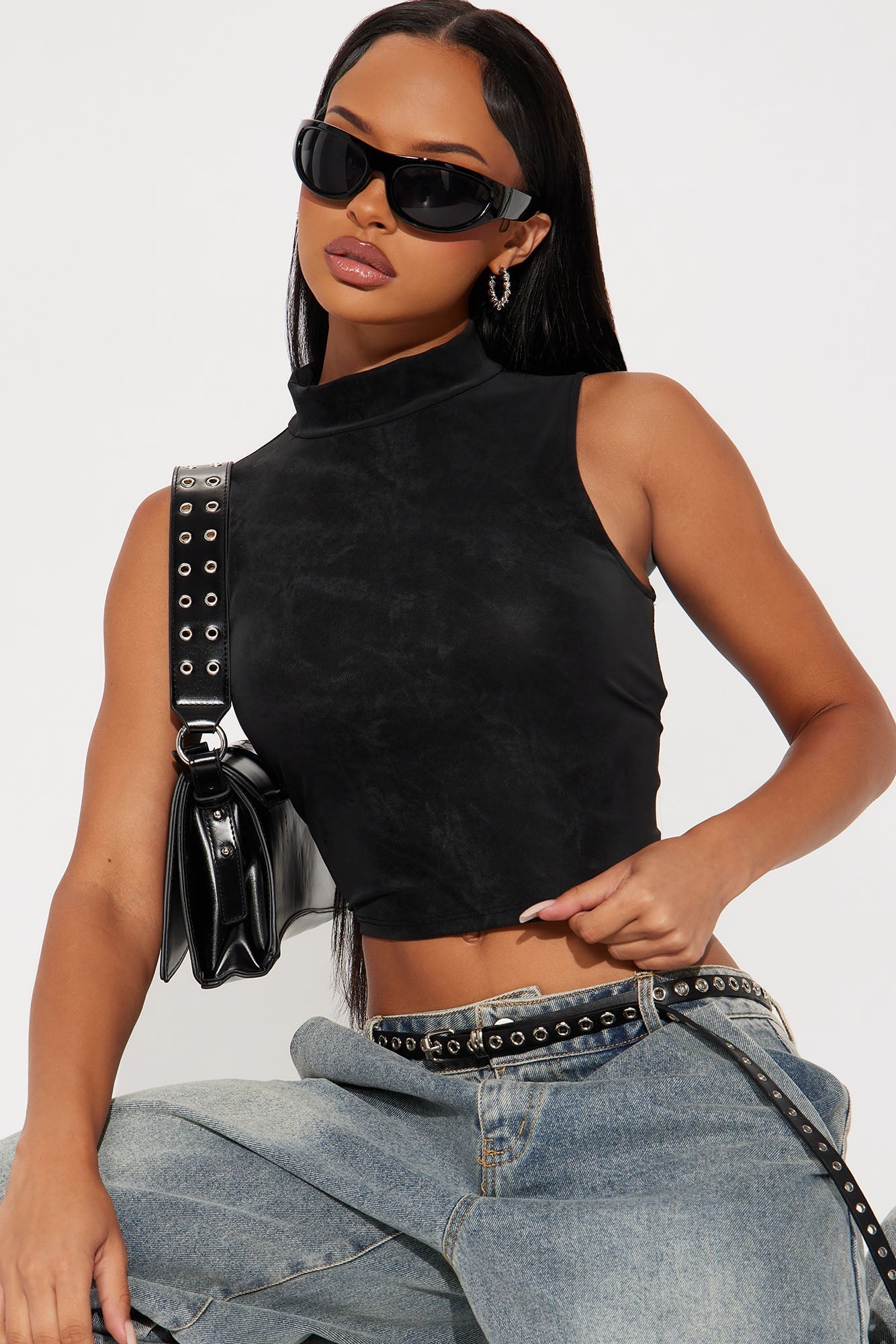 Molly Faux Leather Mock Neck Top - Black