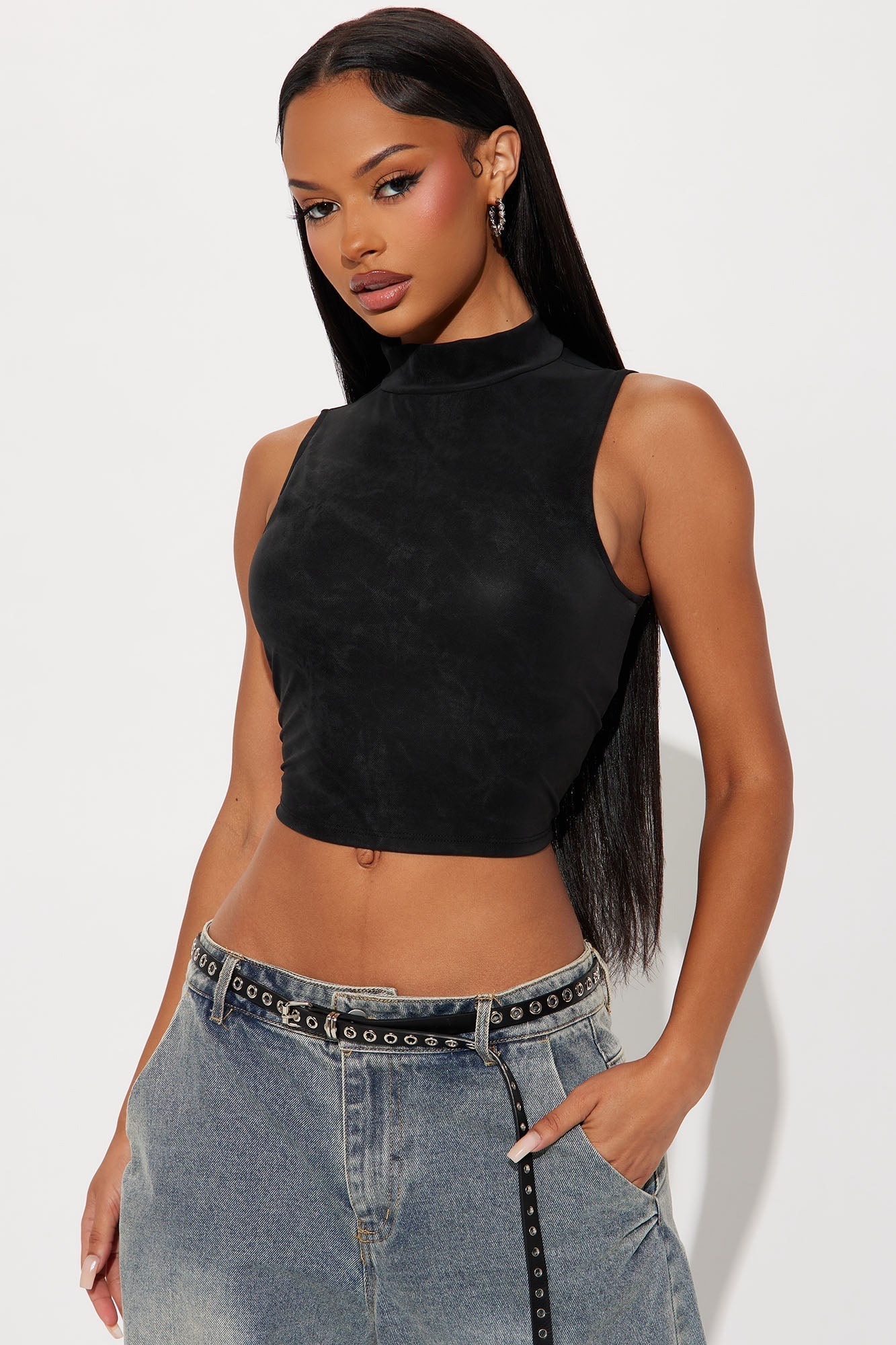 Molly Faux Leather Mock Neck Top - Black