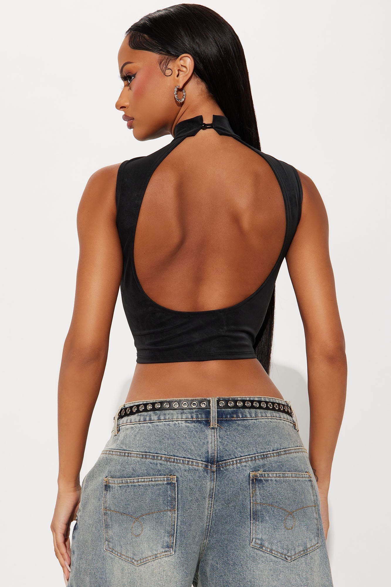 Molly Faux Leather Mock Neck Top - Black