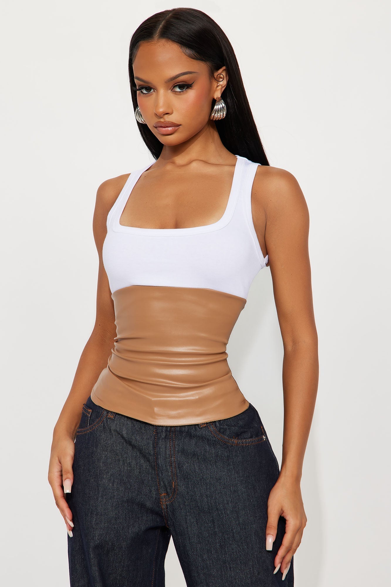Flirt Fest Faux Leather Tank Top - Camel/combo