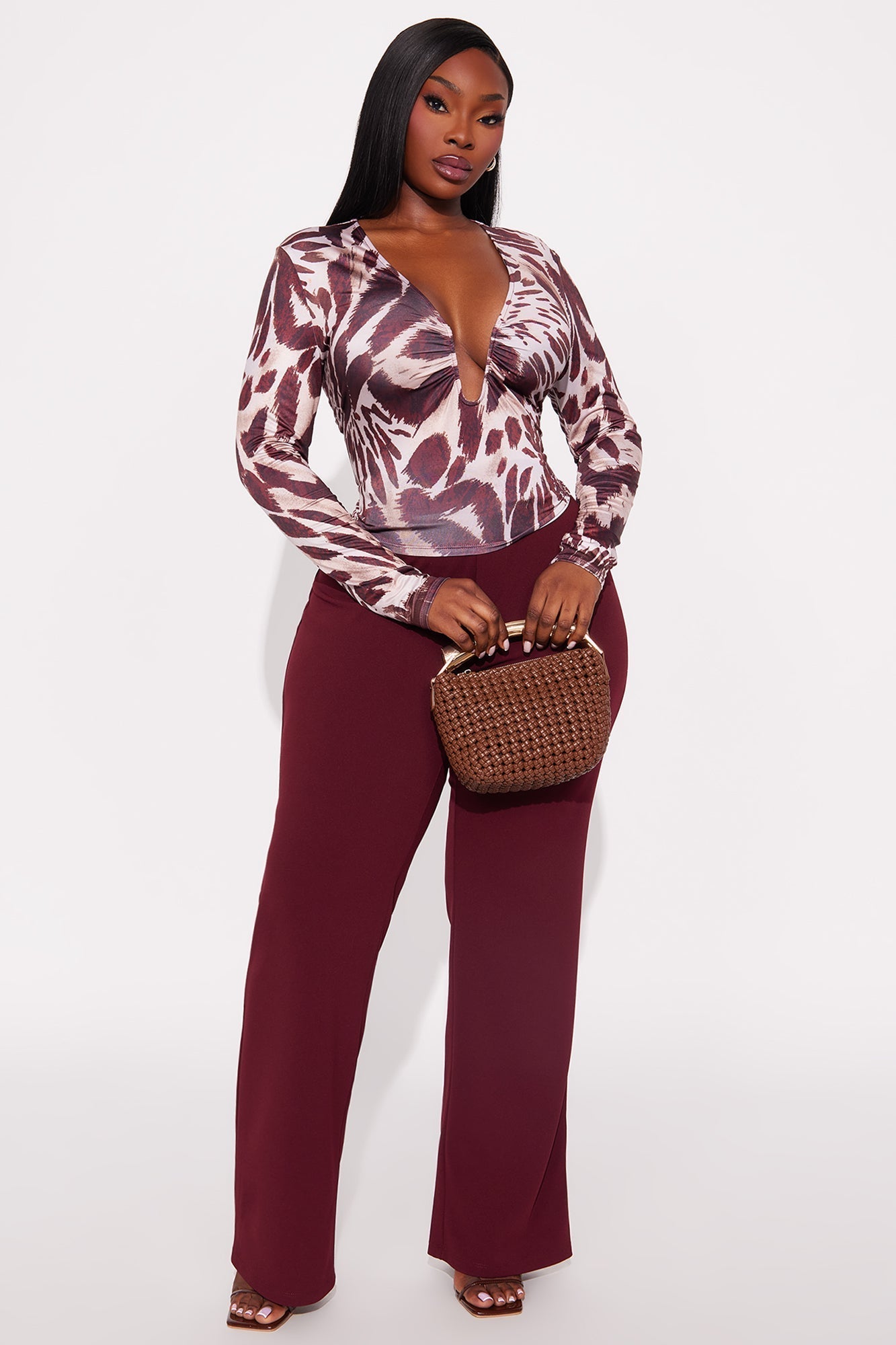 Coco Ruched Long Sleeve Top - Brown/combo