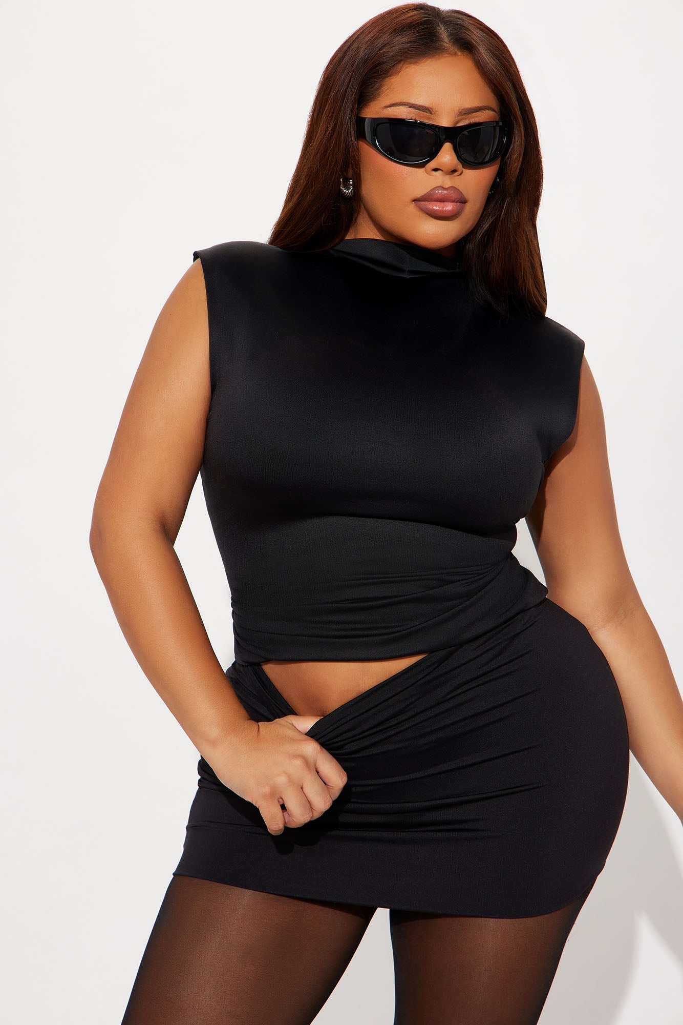 Contour Double Lined Mock Neck Top - Black