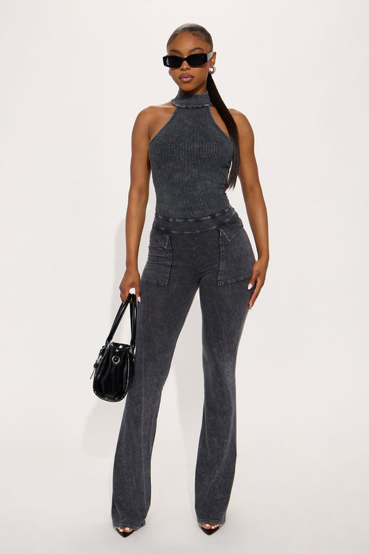 Day Off Washed Flare Leg Jumpsuit - Black