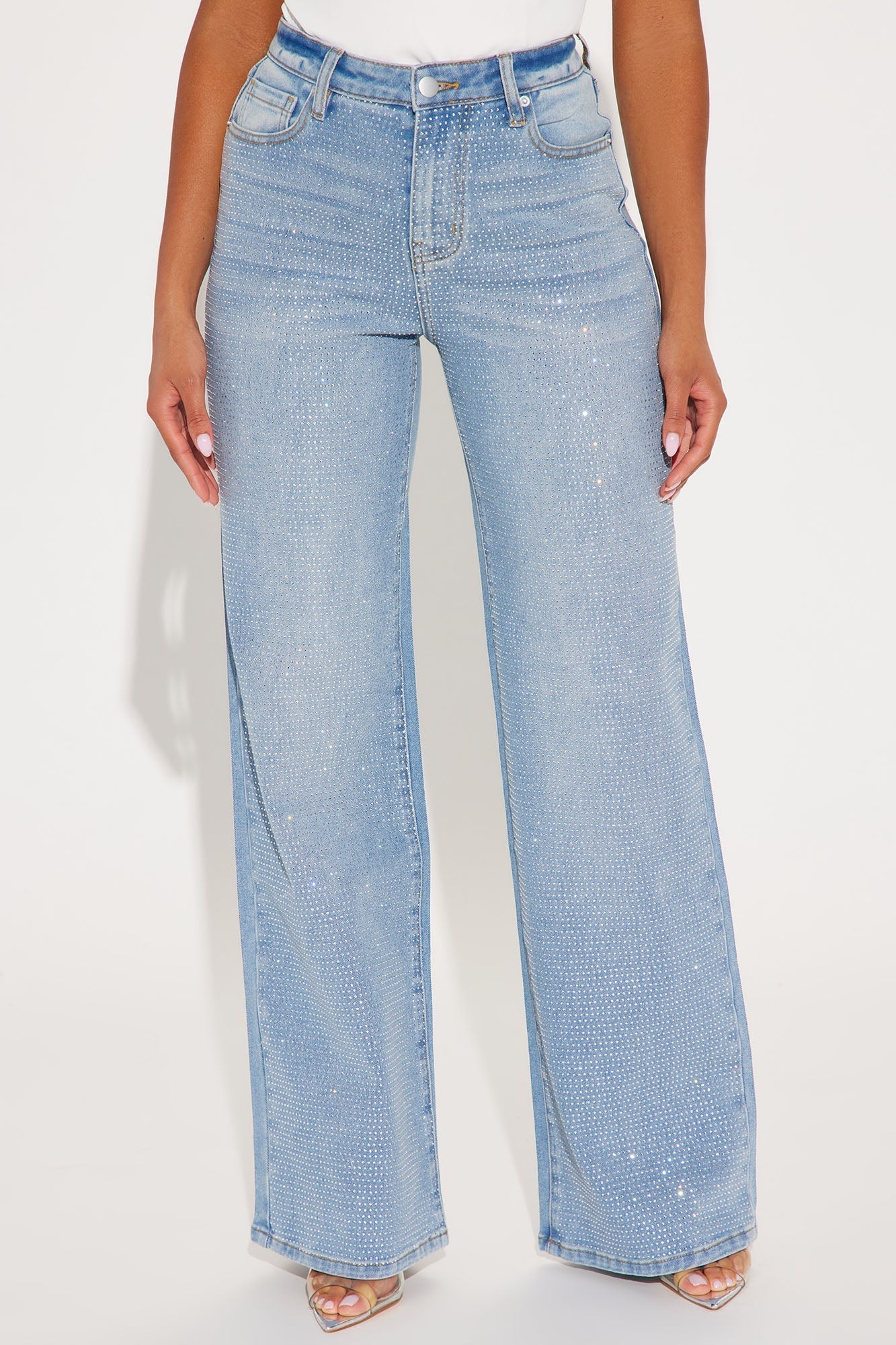 Zahra Stretch Embellished Straight Leg Jeans - Light Wash