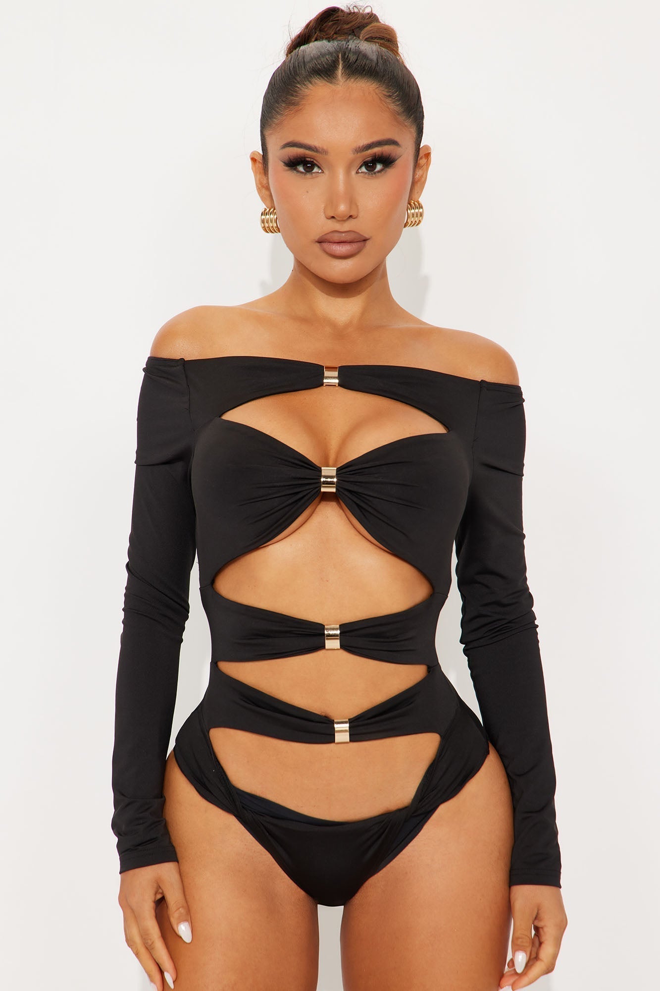 Cityscape Off Shoulder Cut Out Bodysuit - Black