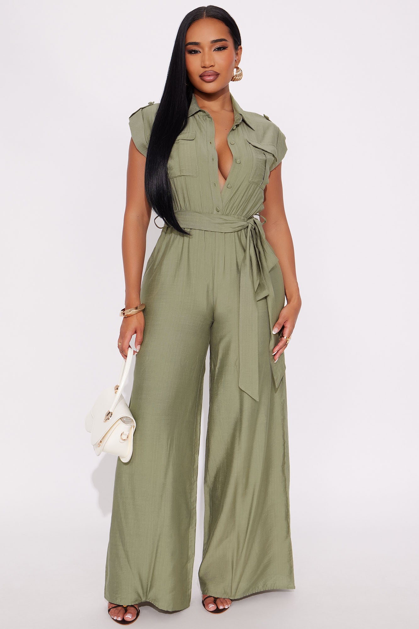 Valentina Linen Wide Leg Jumpsuit - Olive