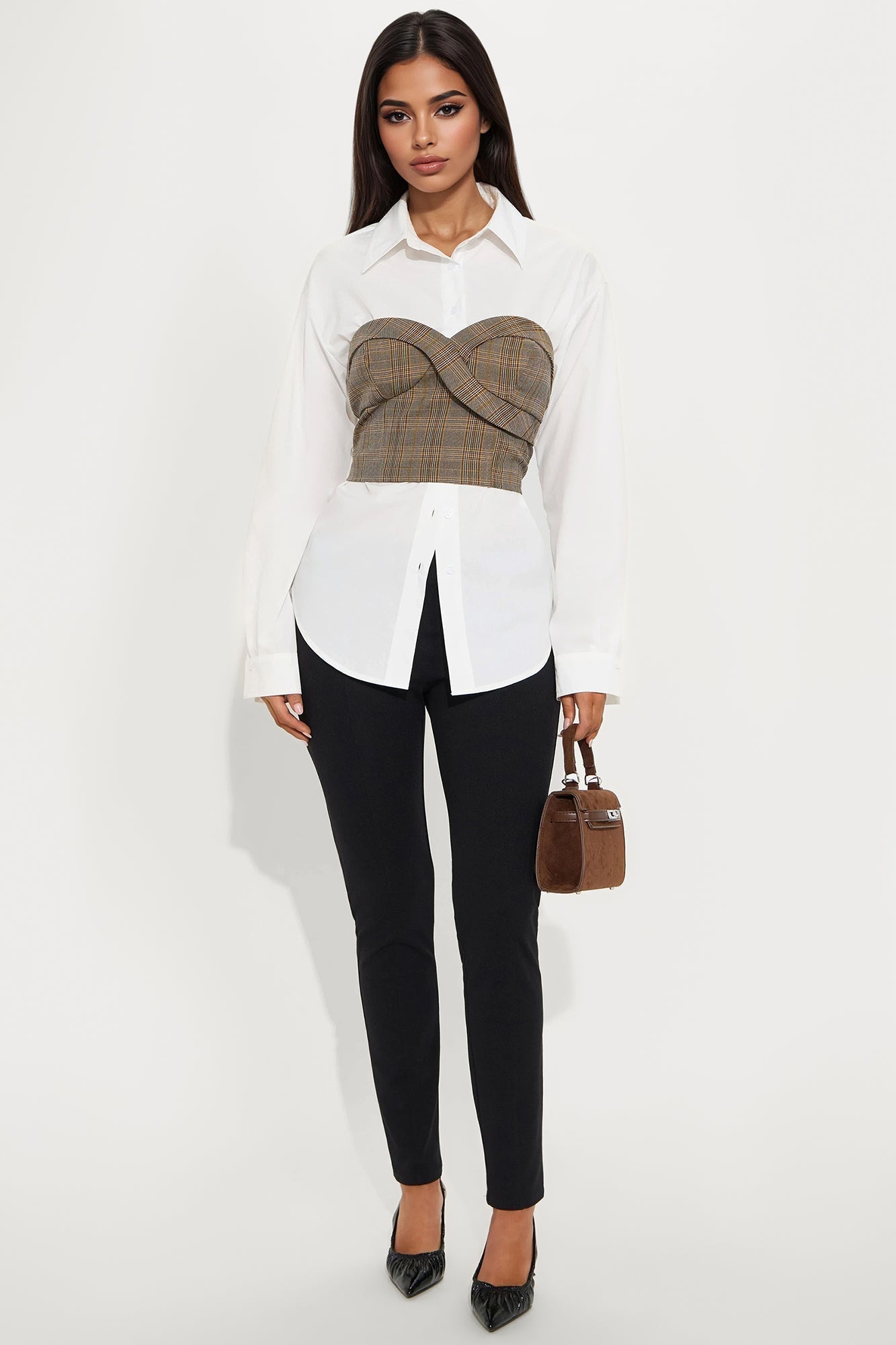 She's Busy Plaid Poplin 2 Piece Set - Brown/combo