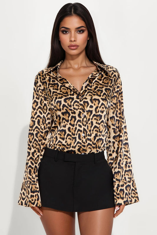 In Motion Leopard Satin Shirt - Leopard
