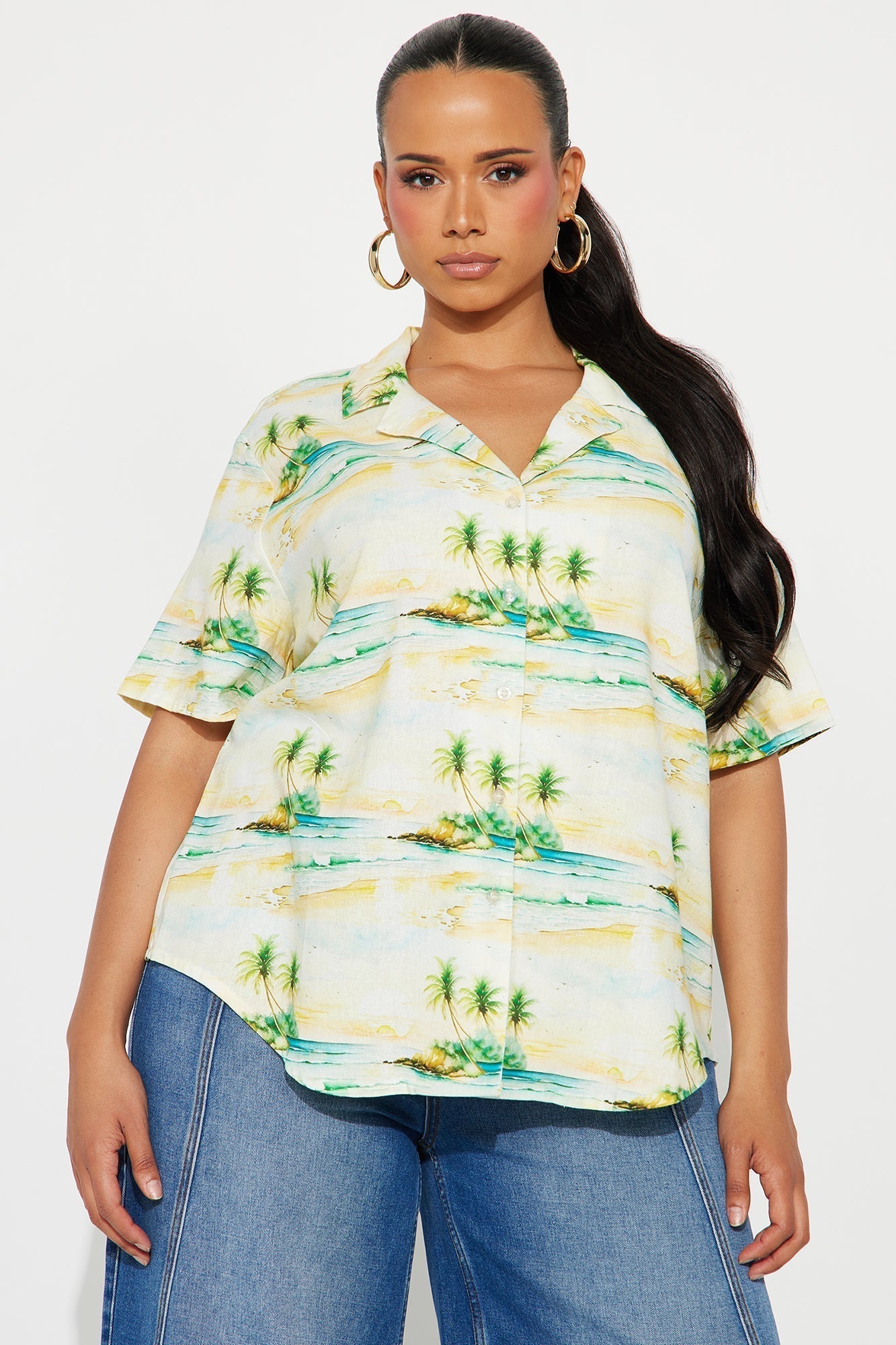 Catching Waves All Day Linen Oversized Button Up Shirt - Yellow/combo