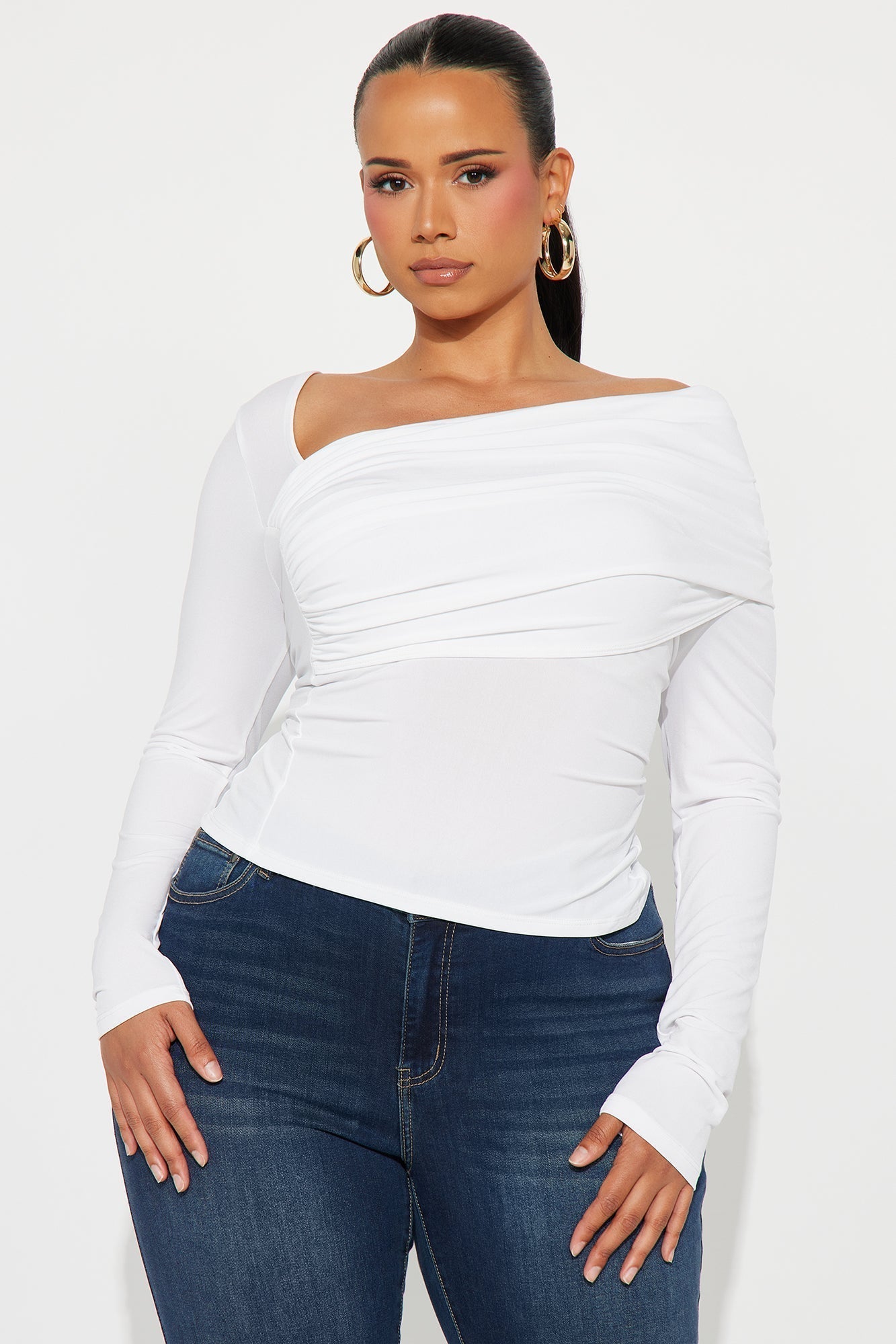 Modern Art Long Sleeve Ruched Top - Ivory