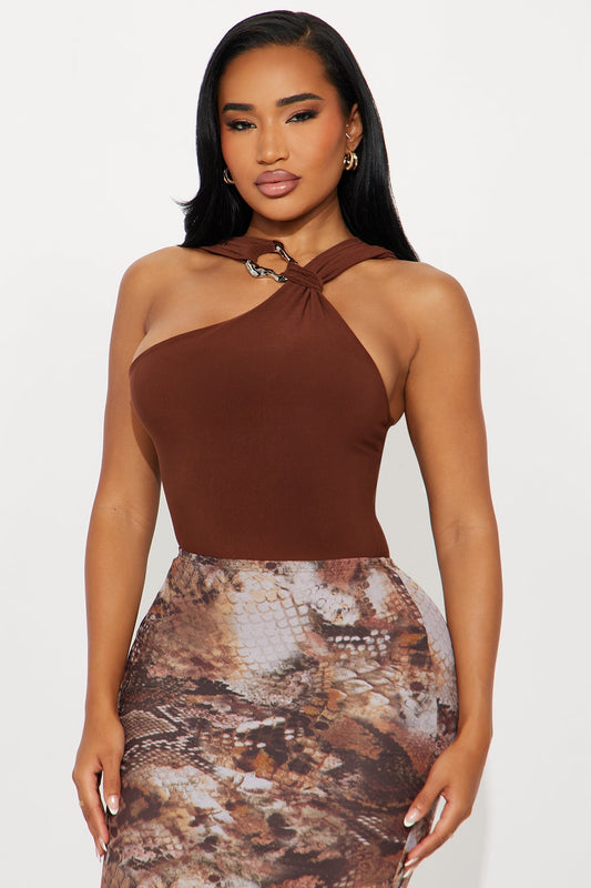 Rosie Ruched Y Neck Top - Brown