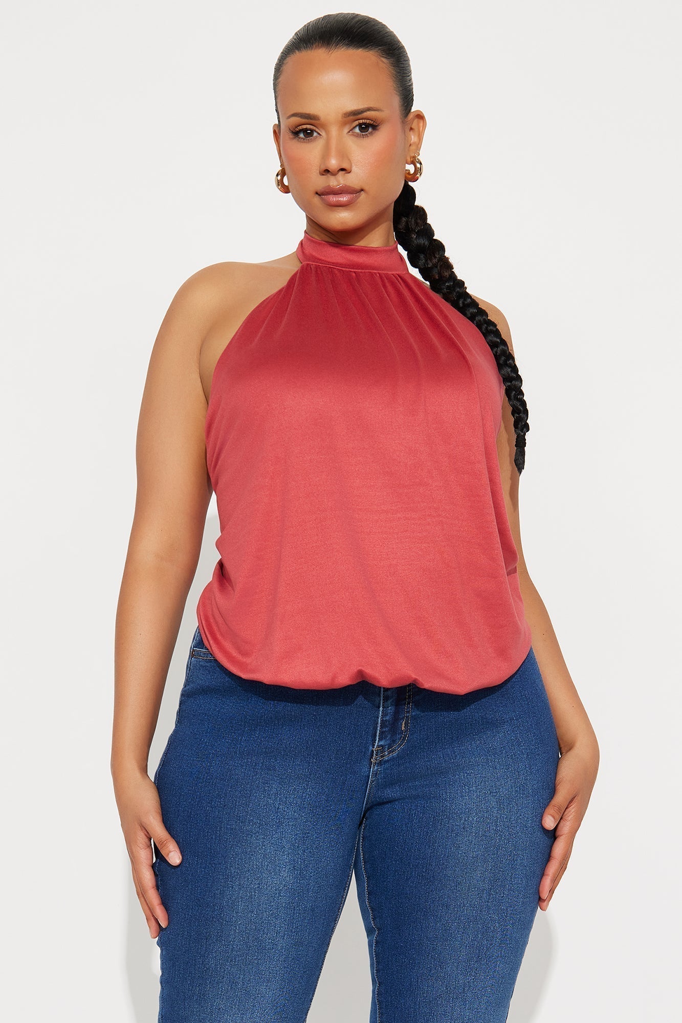 Magnolia Bubble Hem Halter Top - Brick Red