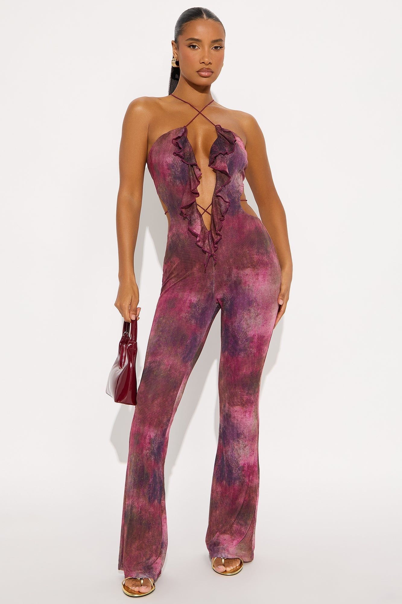 Nola Mesh Flare Jumpsuit - Plum