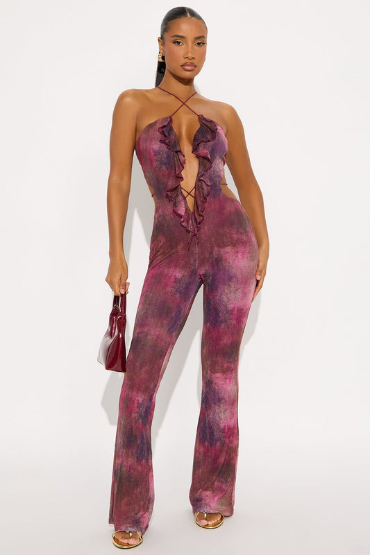 Nola Mesh Flare Jumpsuit - Plum