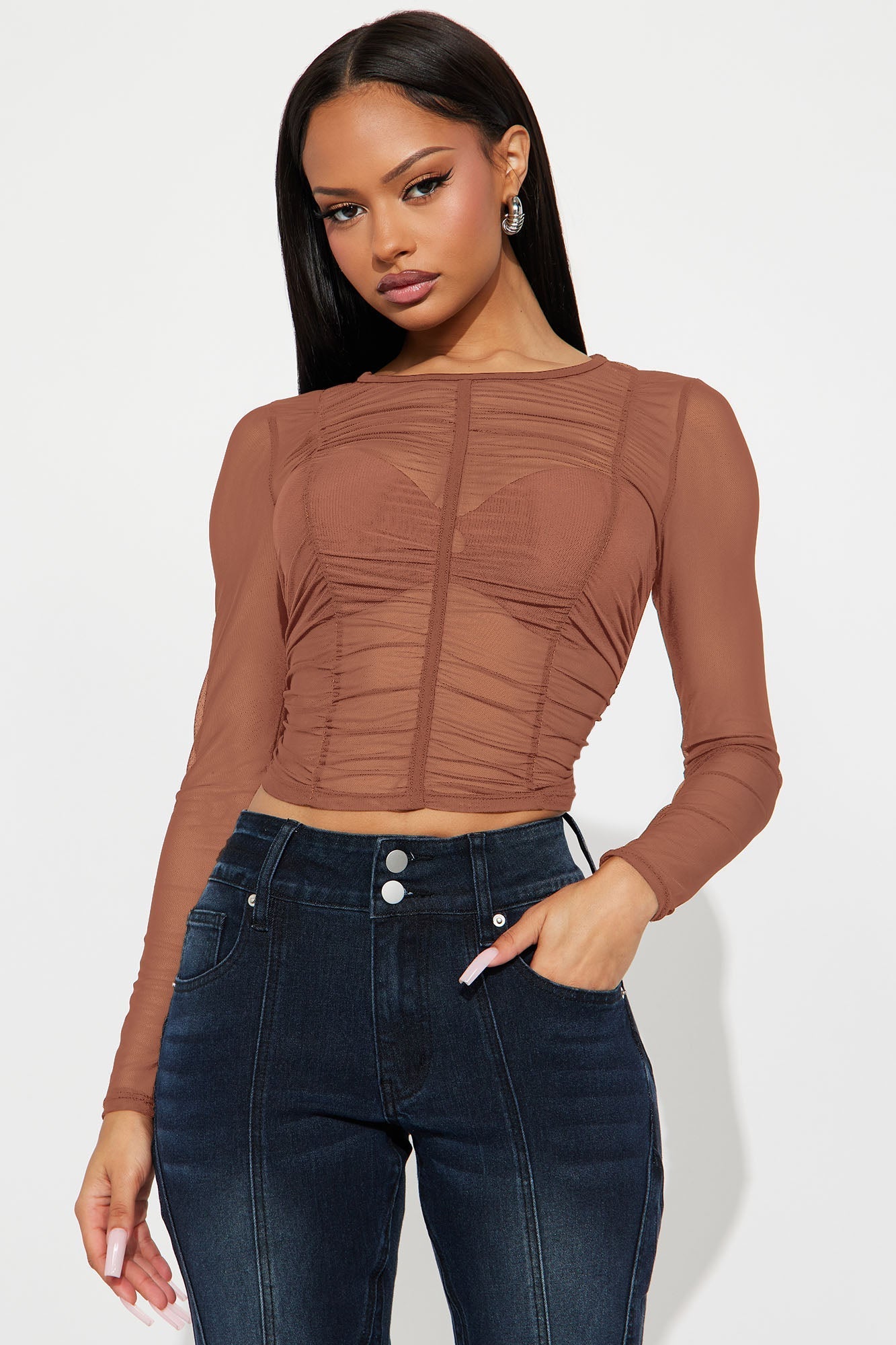 Delphine Long Sleeve Ruched Mesh Baby Tee - Mocha