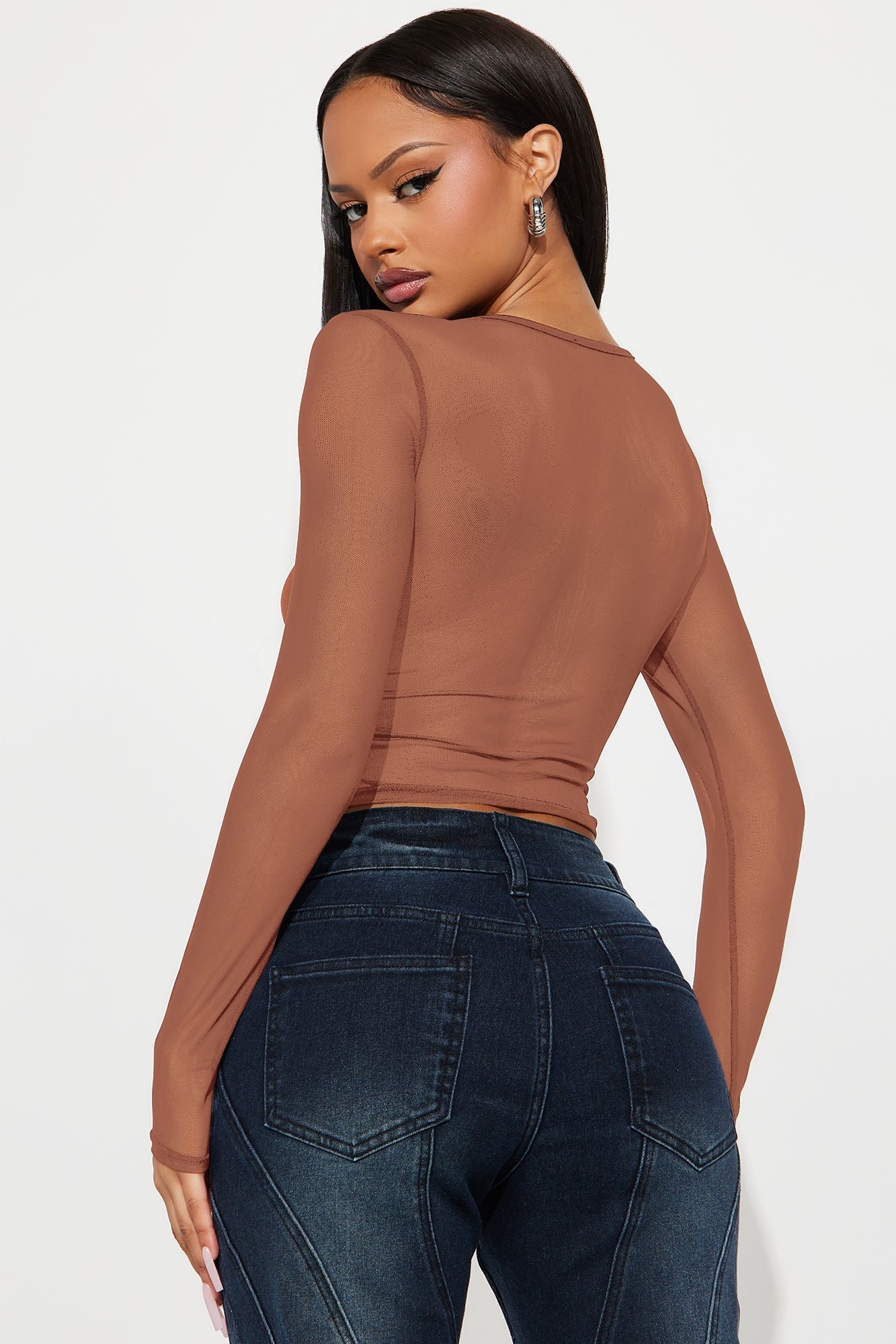 Delphine Long Sleeve Ruched Mesh Baby Tee - Mocha