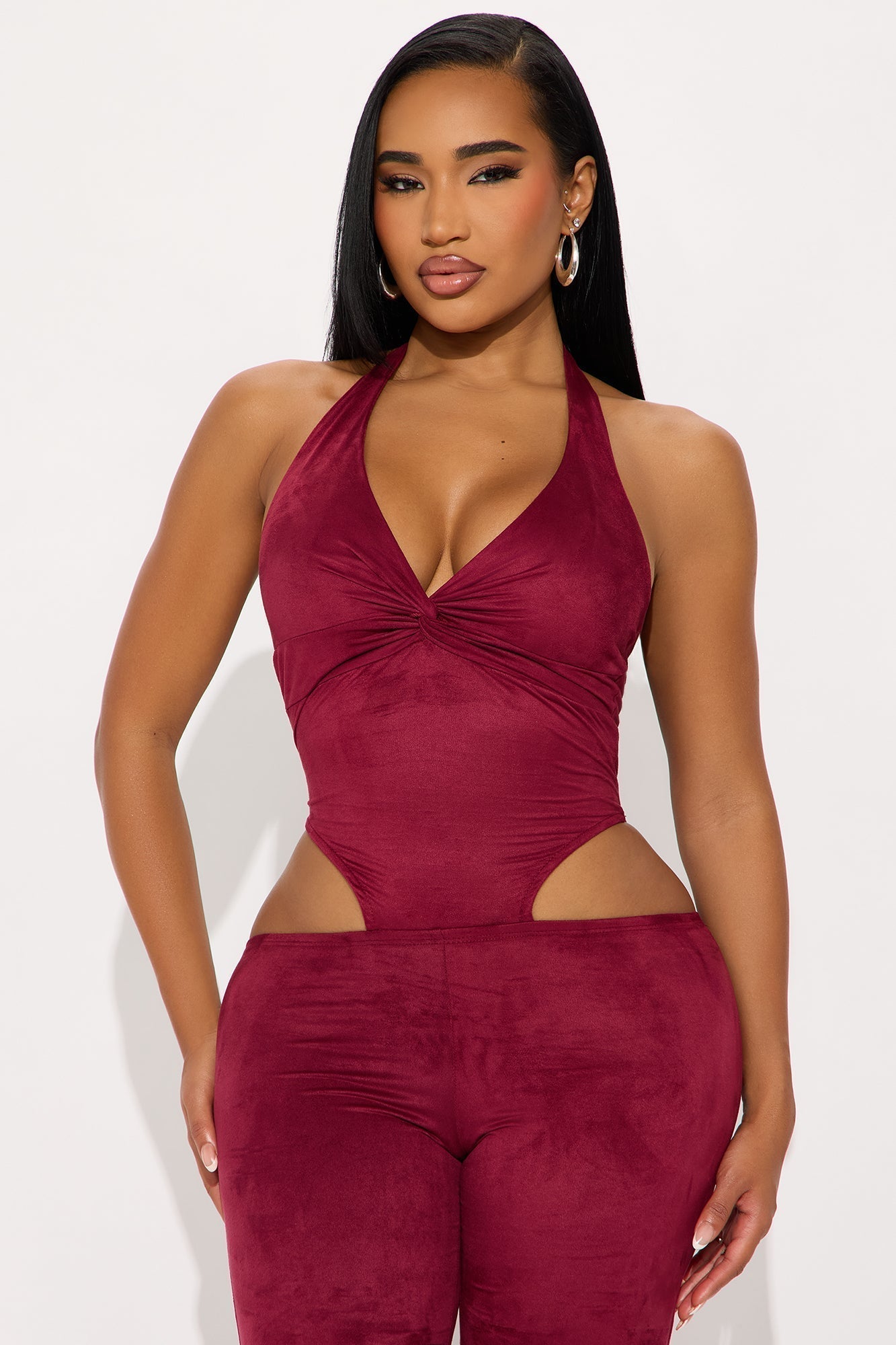 Lianna Faux Suede Halter Jumpsuit - Burgundy
