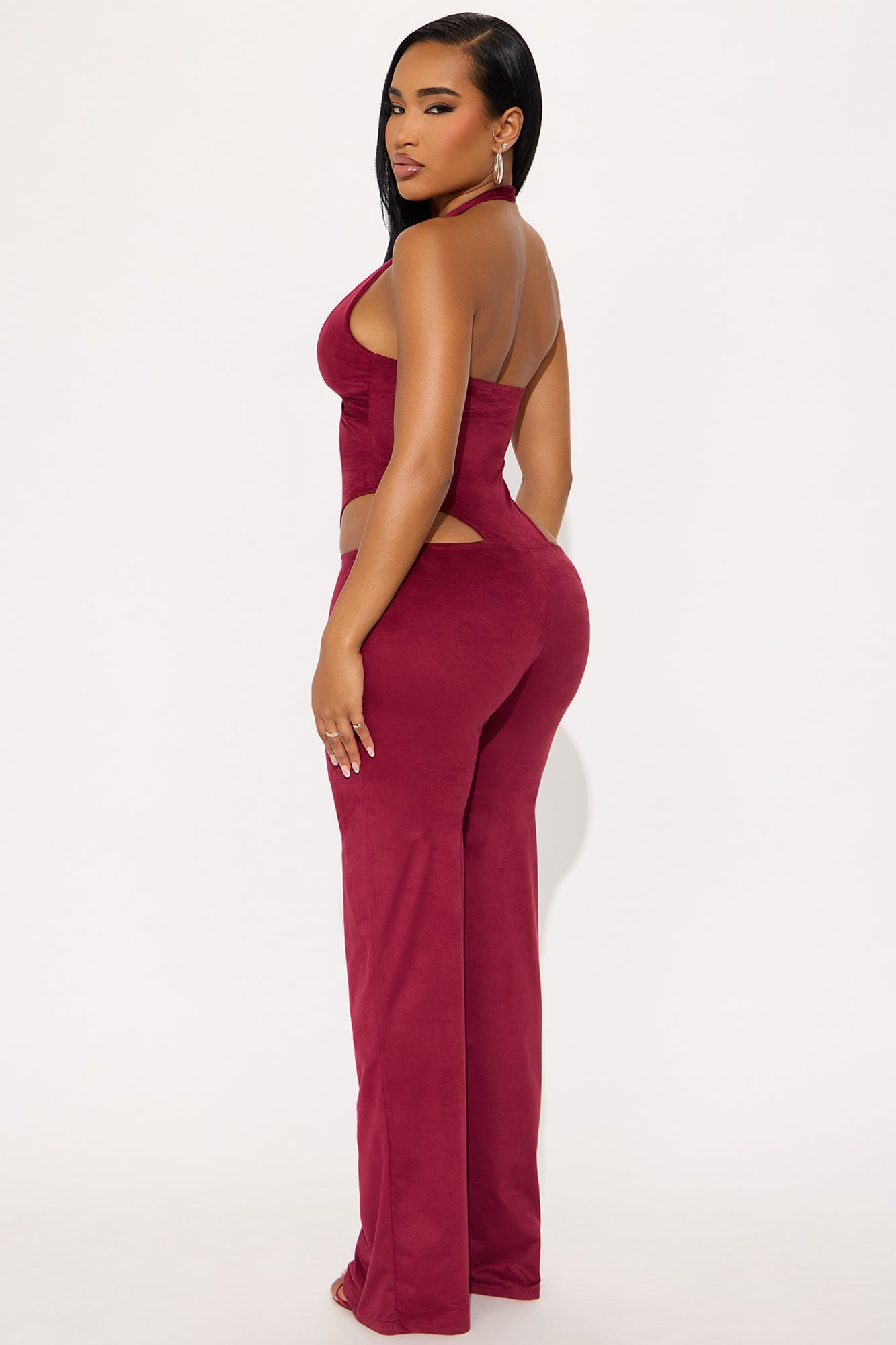 Lianna Faux Suede Halter Jumpsuit - Burgundy
