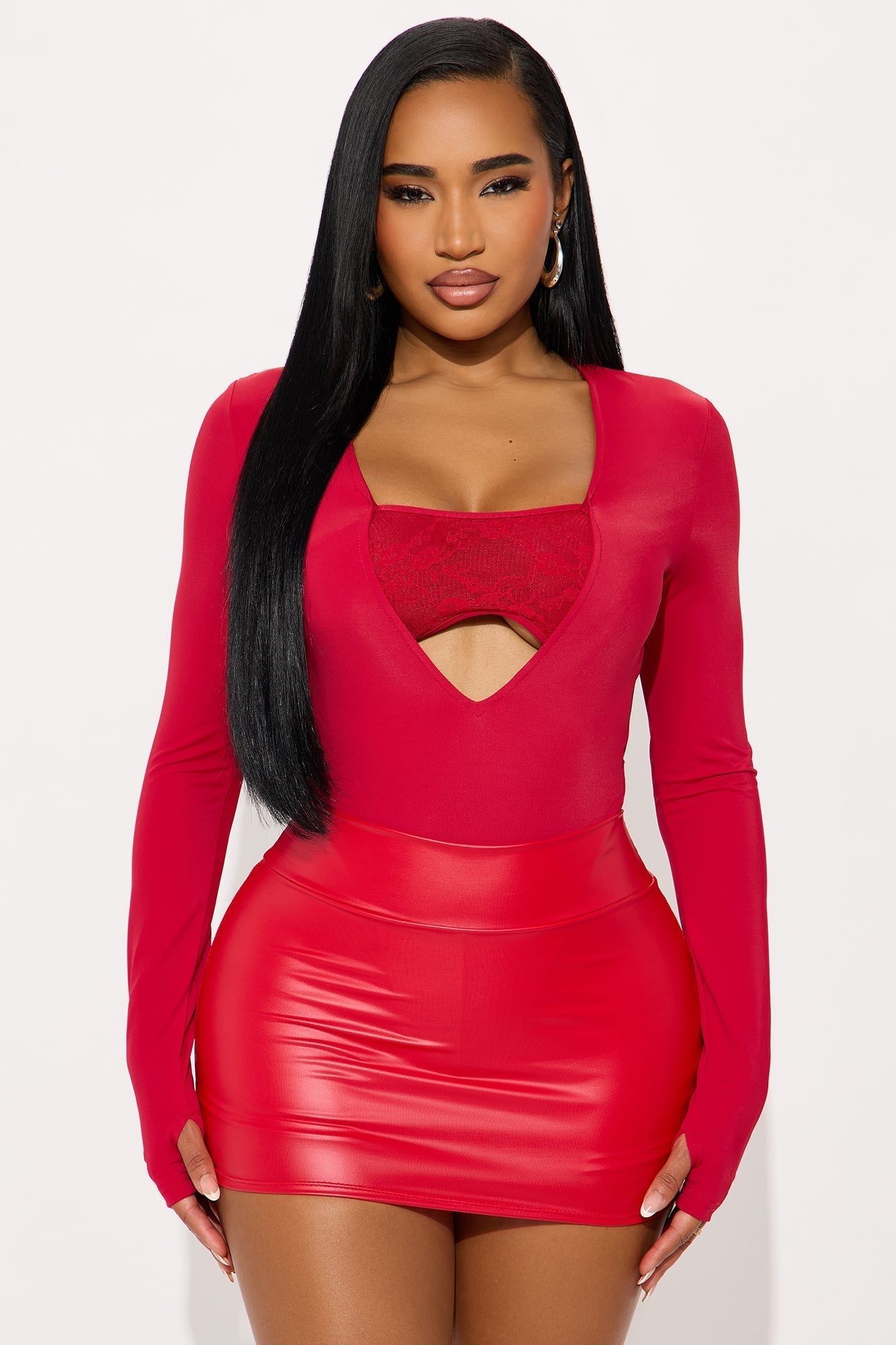 Standing Ovation Long Sleeve High Cut Bodysuit - Red