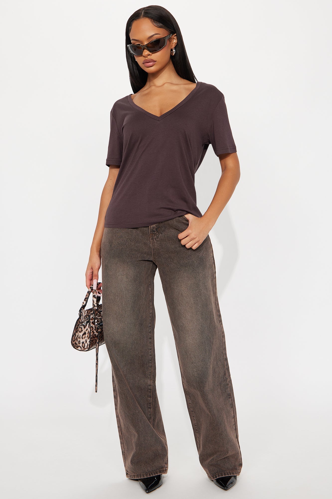 Ava V-Neck Tee - Brown