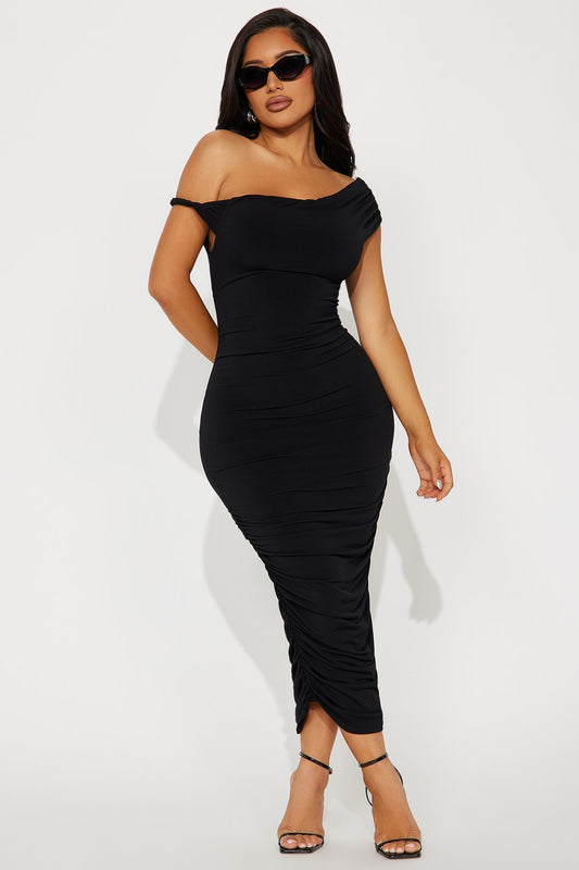 Blind Date One Shoulder Midi Dress - Black