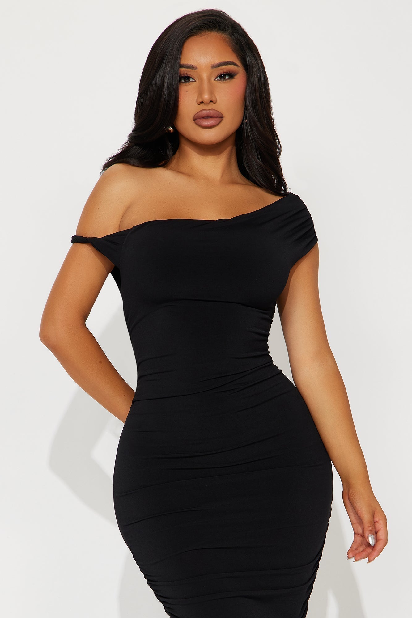Blind Date One Shoulder Midi Dress - Black