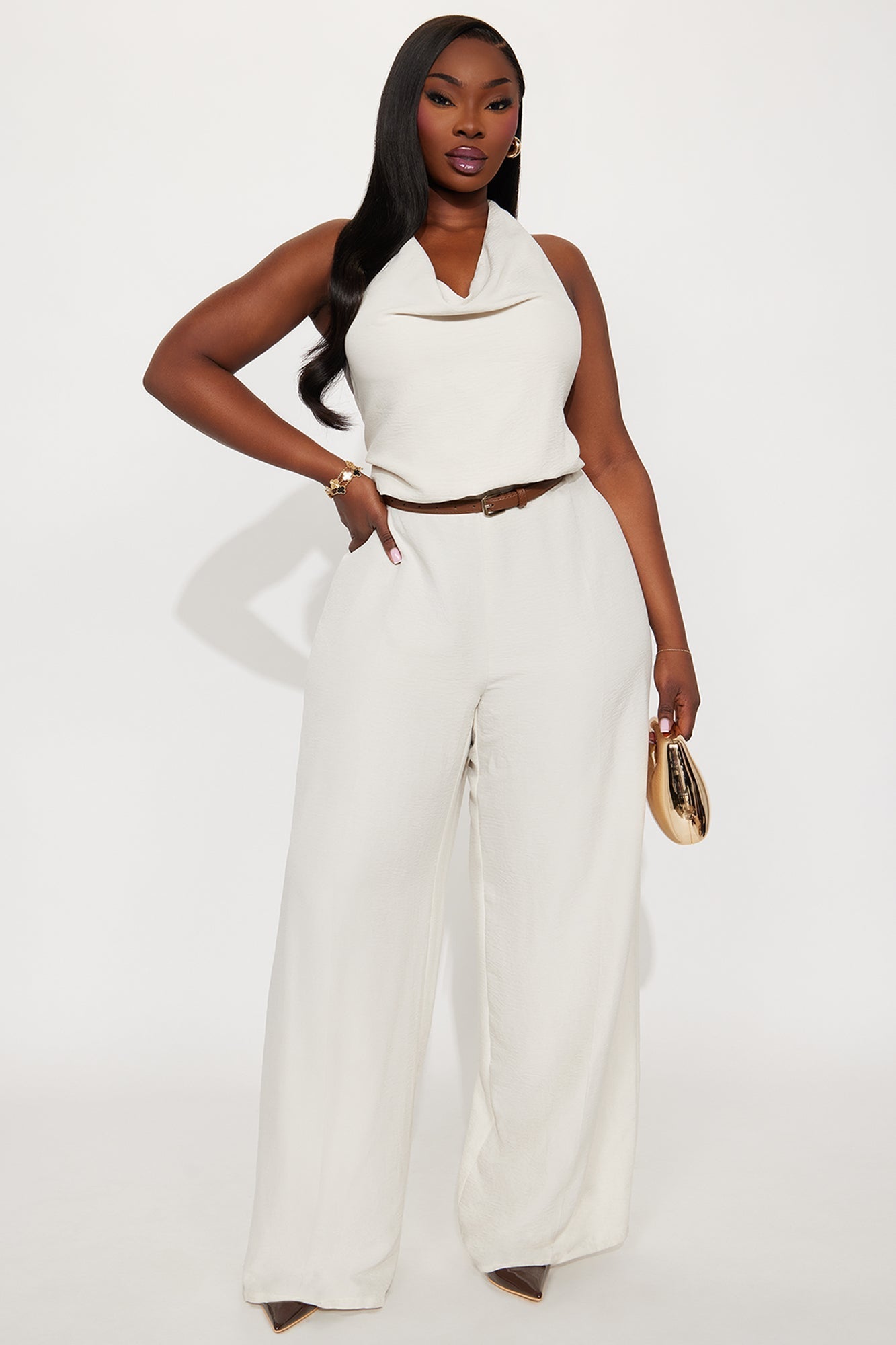 Amelia Belted Halter Jumpsuit - Cream