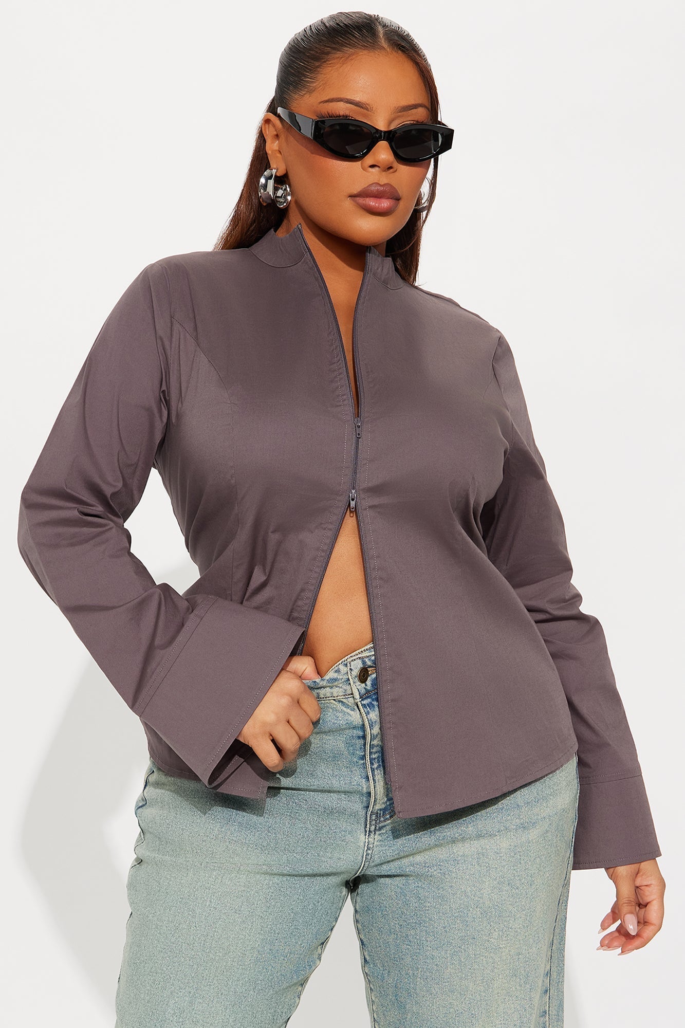 Kara Poplin Zip Up Shirt - Grey