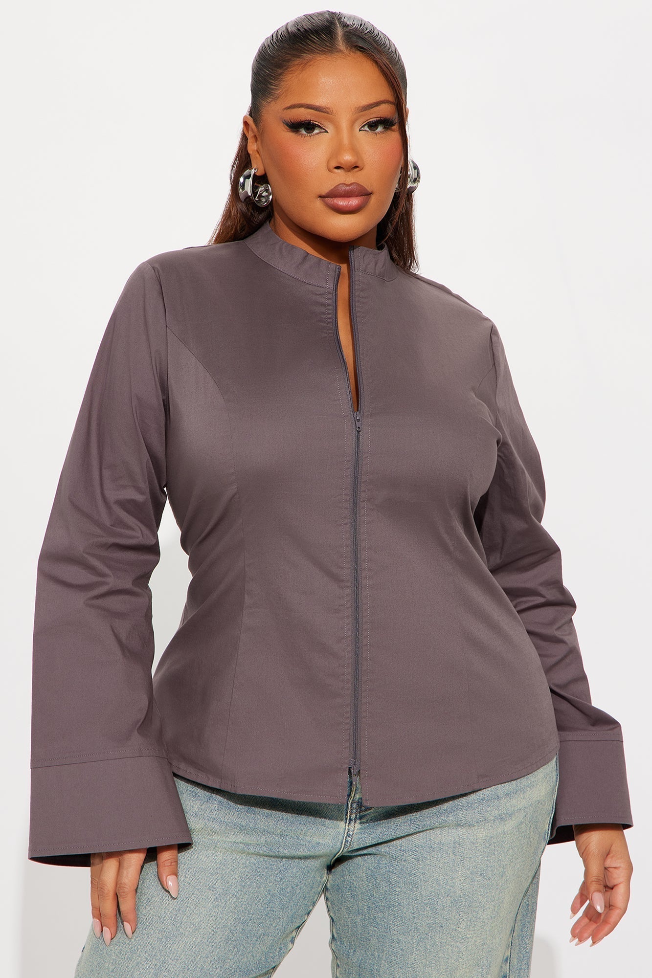 Kara Poplin Zip Up Shirt - Grey