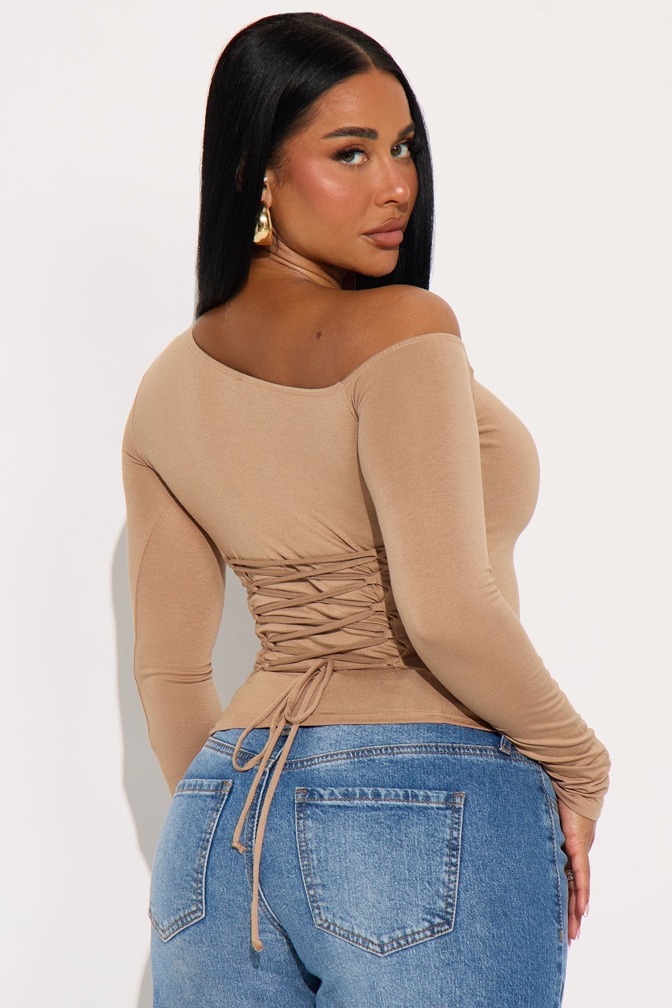 Hold Me Tighter Lace Up Top - Mocha