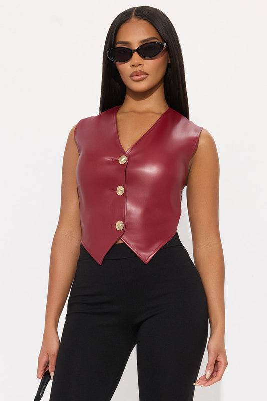 Trust The Process Hardware Faux Leather Vest - Burgundy