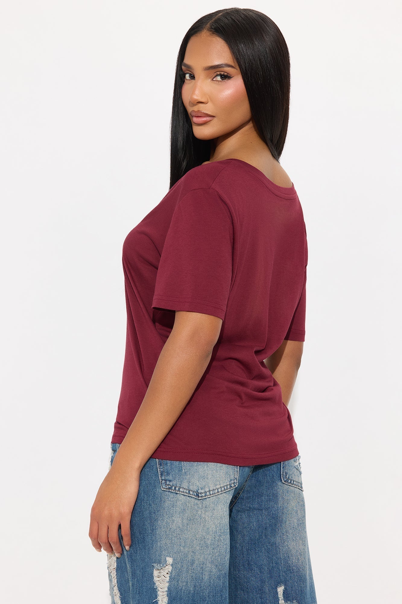 Ava V-Neck Tee - Burgundy