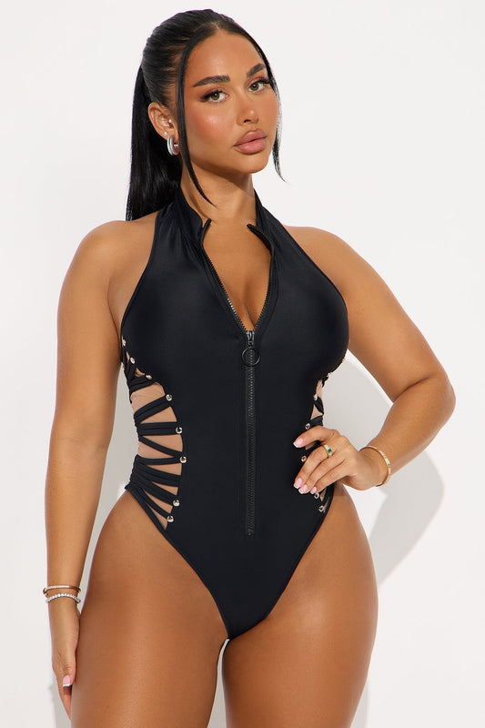 Hijacked Cut Out Mock Neck Bodysuit - Black