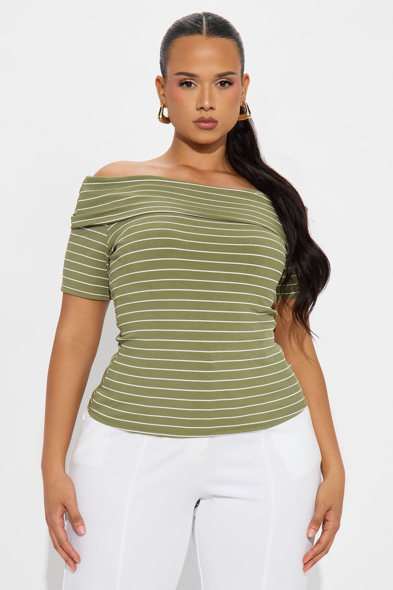 Cinnamon Off Shoulder Ribbed Top - Olive/combo
