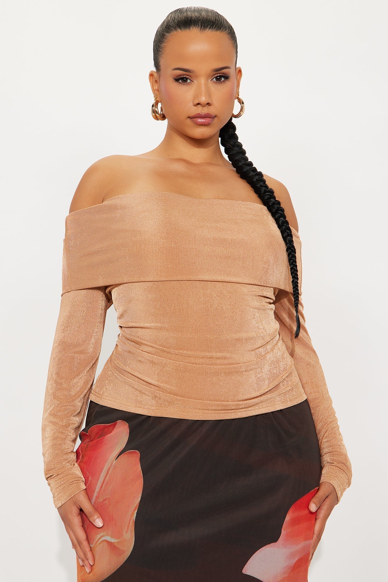 Parisian Long Sleeve Off Shoulder Top - Mocha