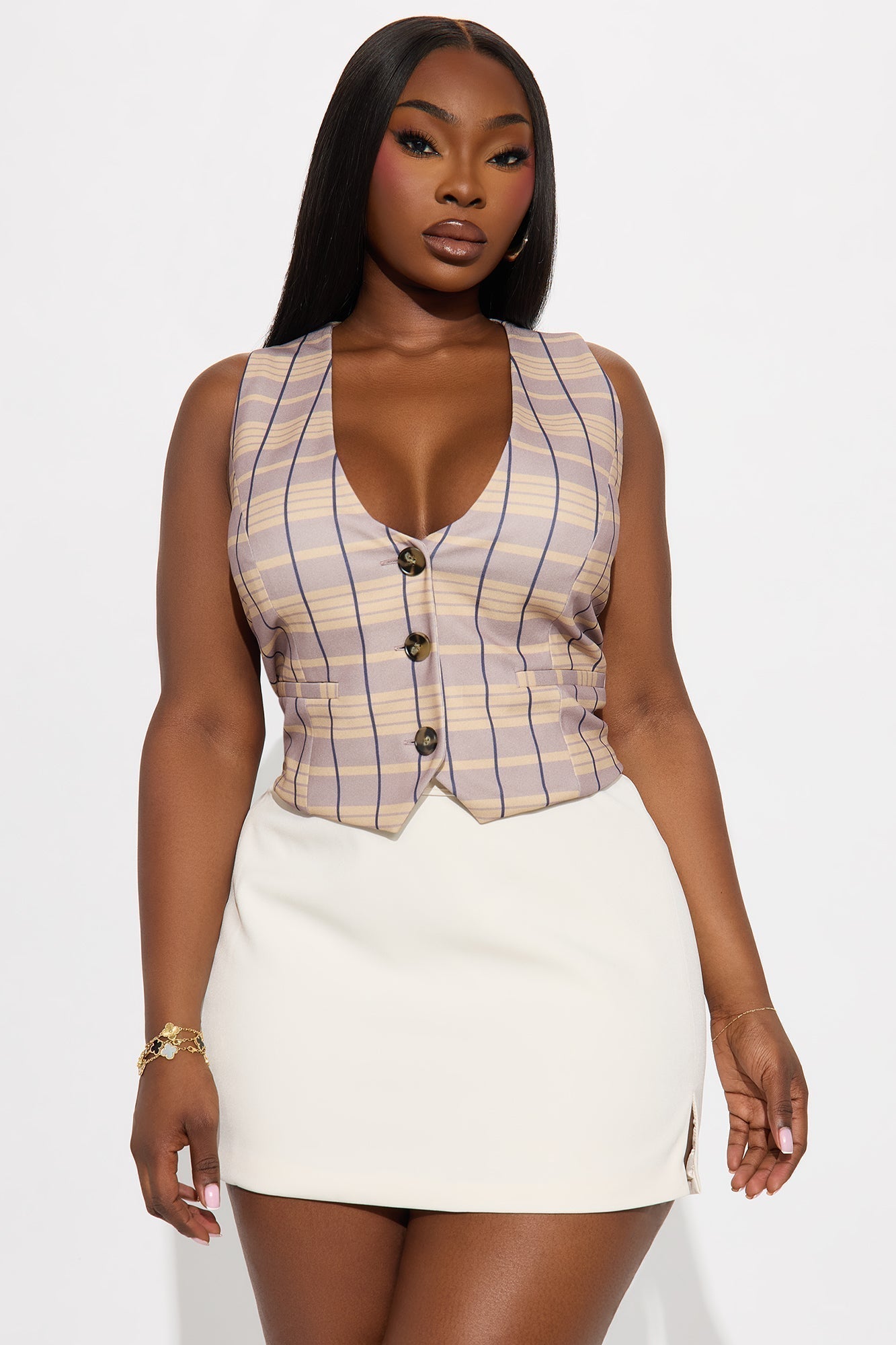 Read Between The Lines Plaid Vest Top - Taupe/combo