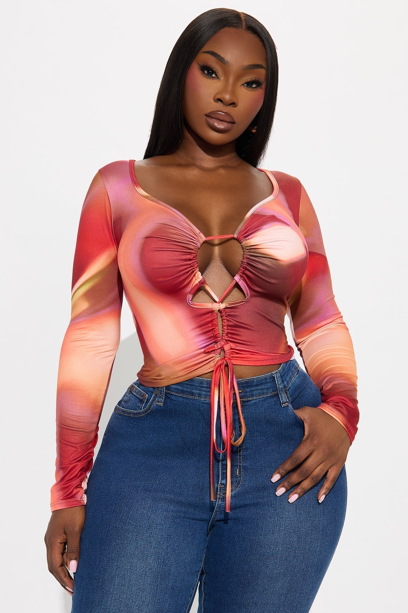 Estella Long Sleeve Lace Up Top - Multi Color