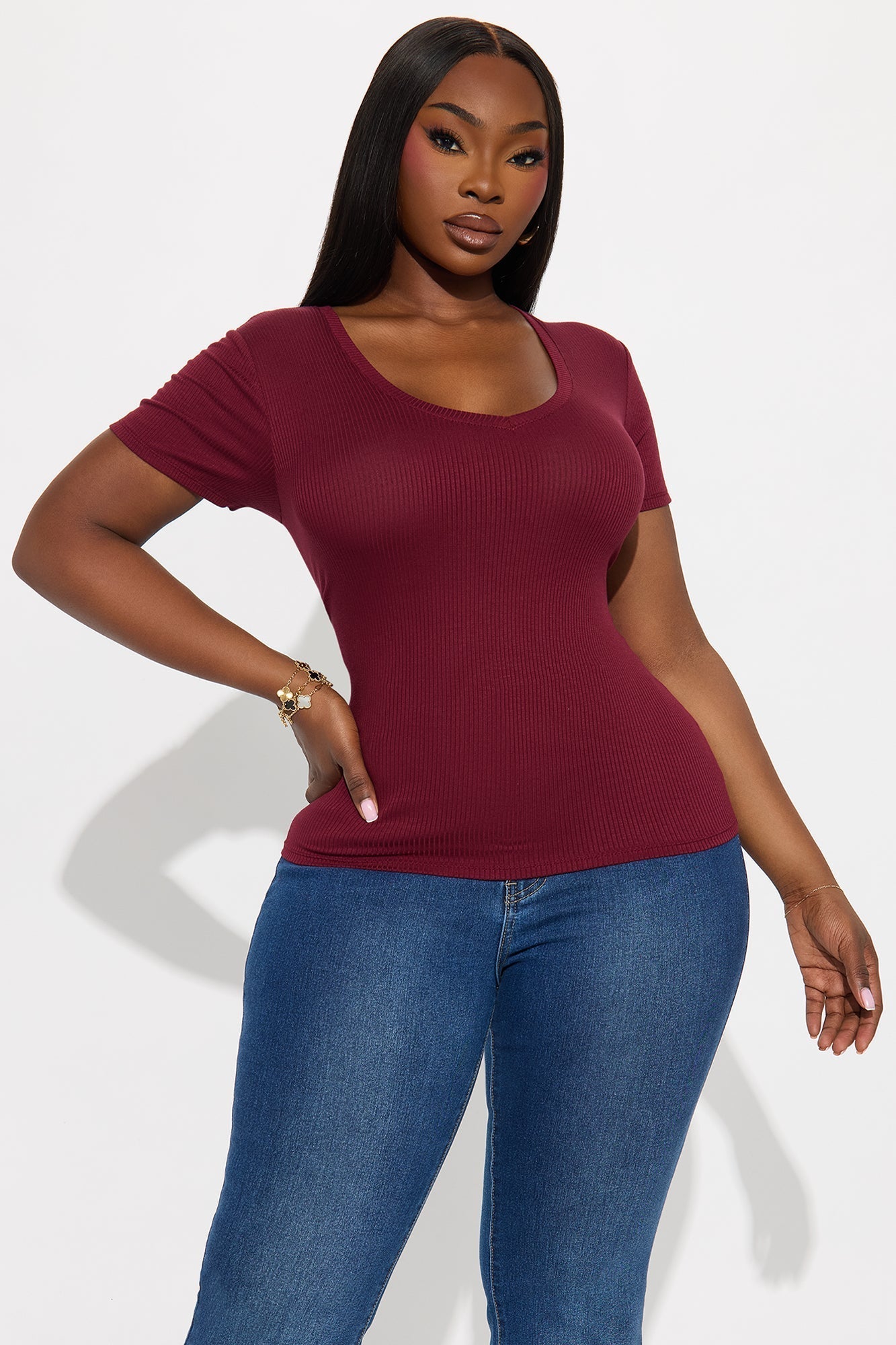 Natalie Ribbed Tee - Burgundy