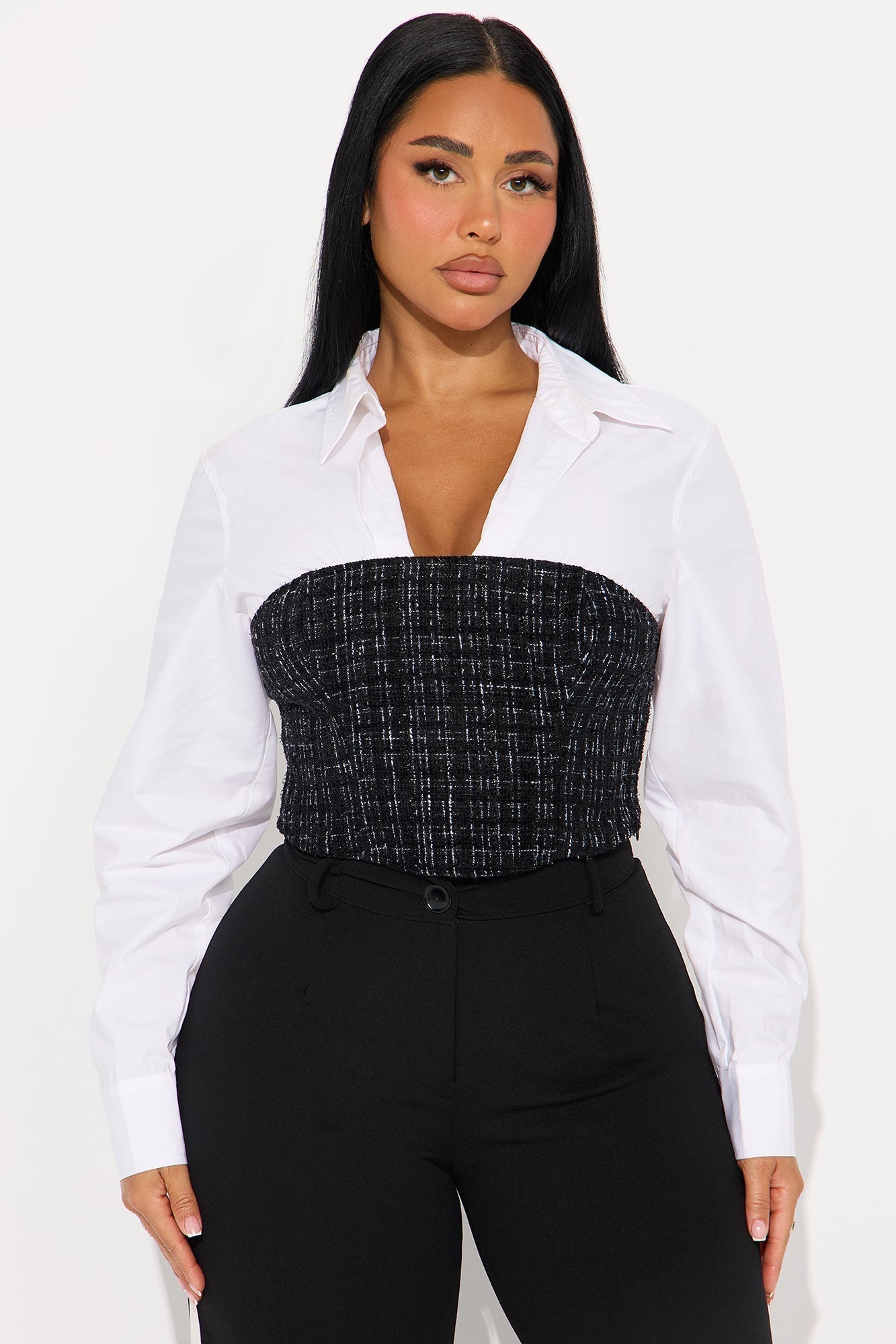 Take Notes Set In Poplin Tweed Corset - White/Black
