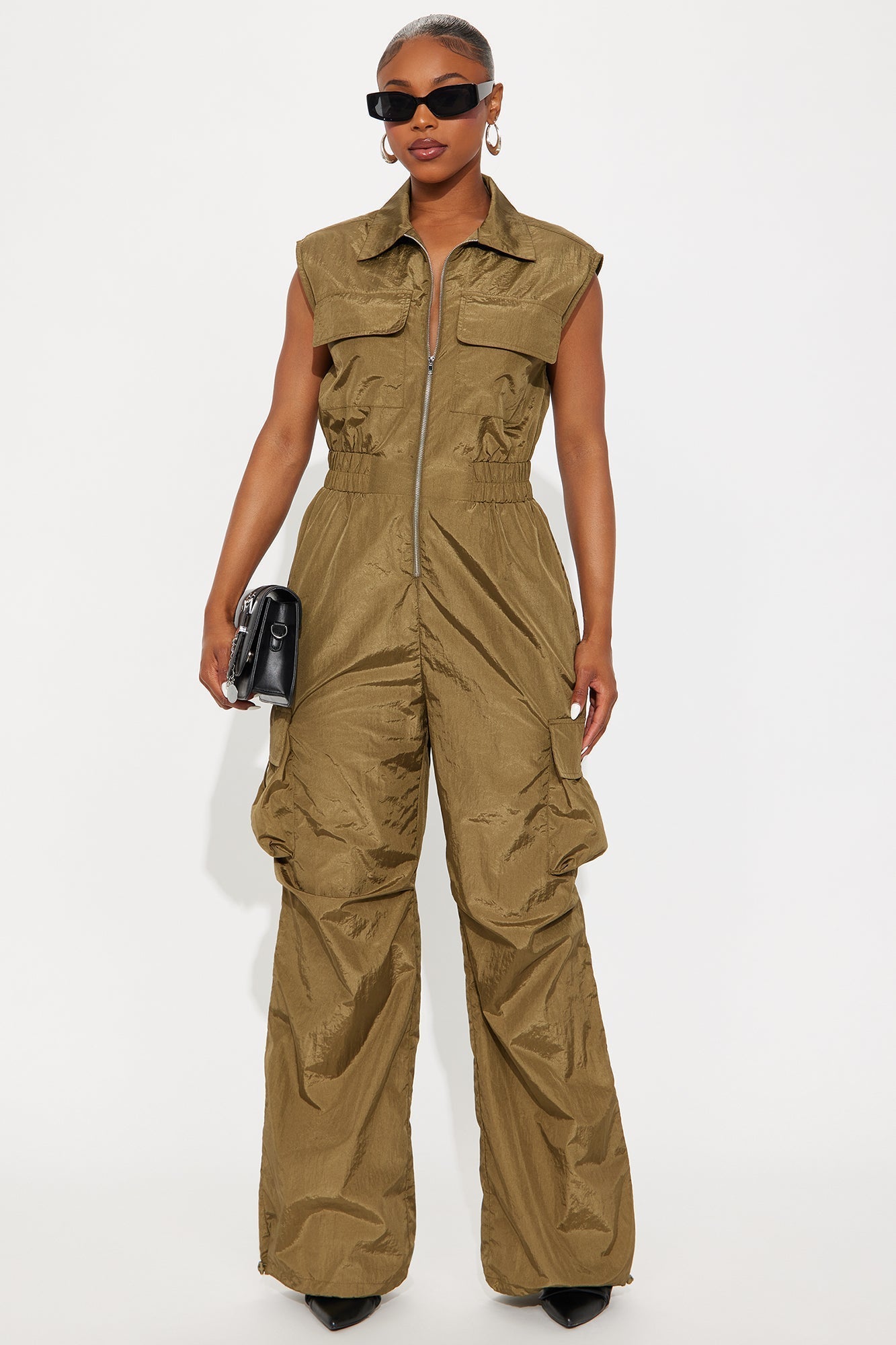 Remi Windbreaker Wide Leg Cargo Jumpsuit - Olive