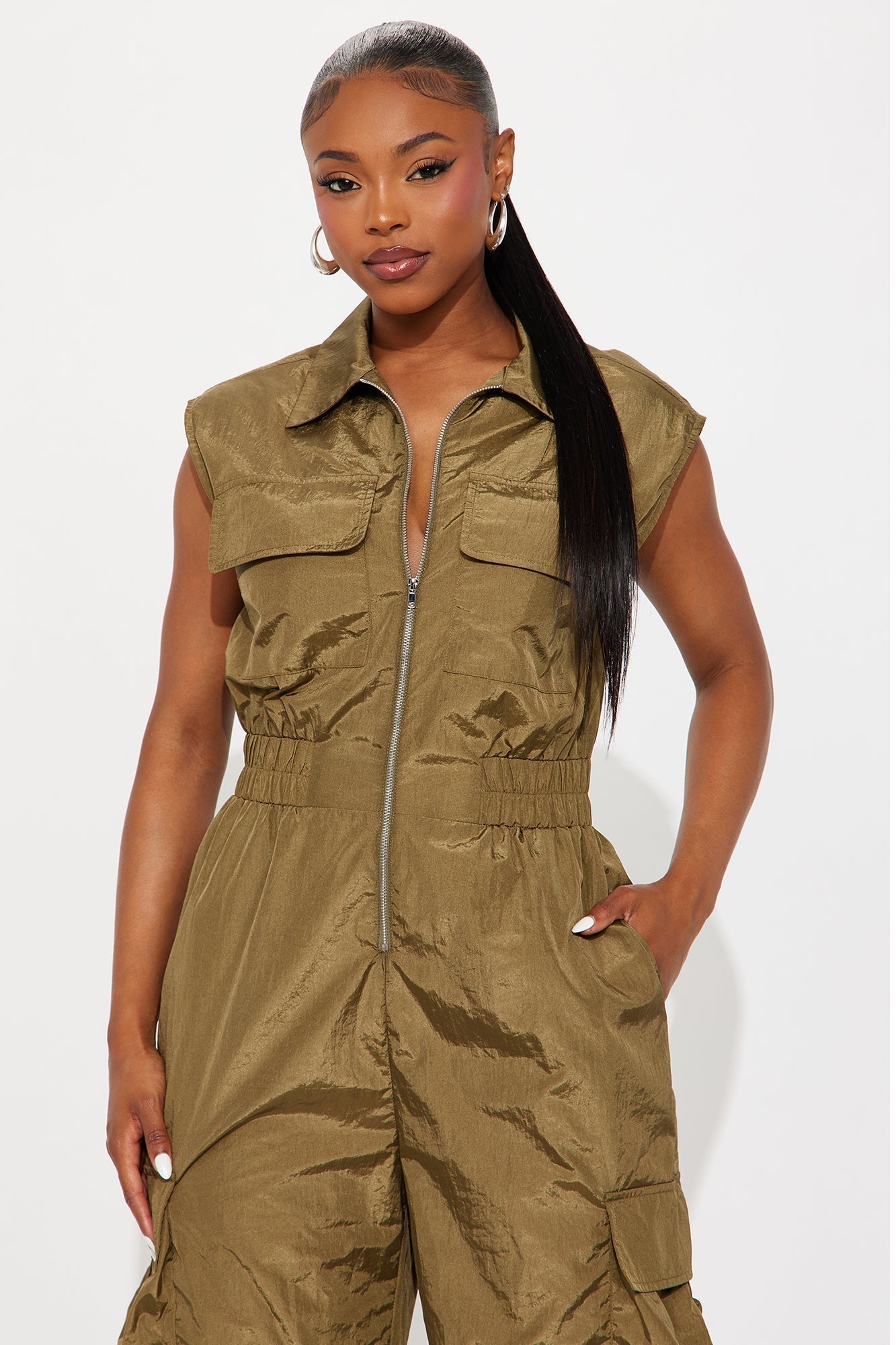 Remi Windbreaker Wide Leg Cargo Jumpsuit - Olive