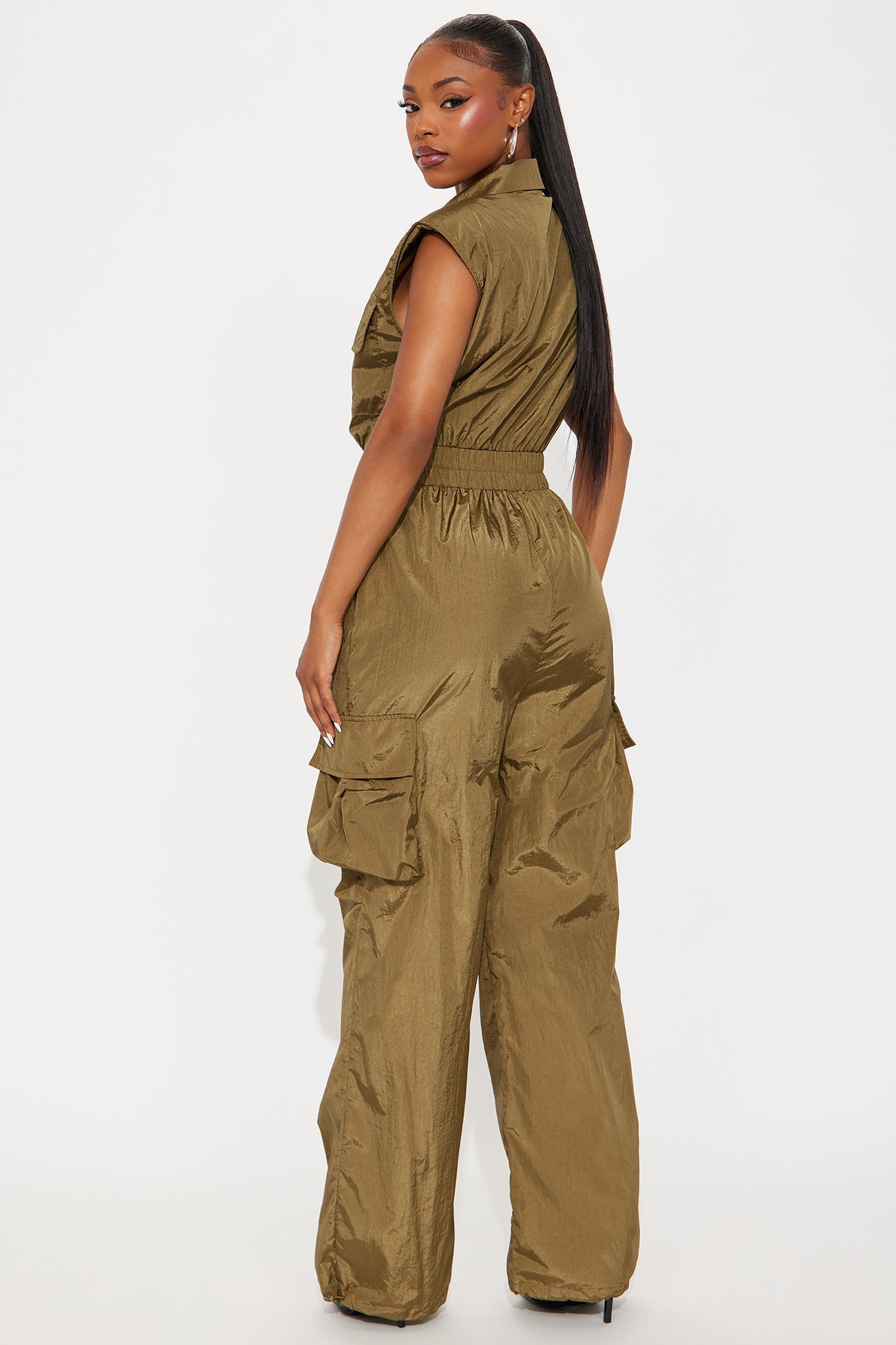 Remi Windbreaker Wide Leg Cargo Jumpsuit - Olive