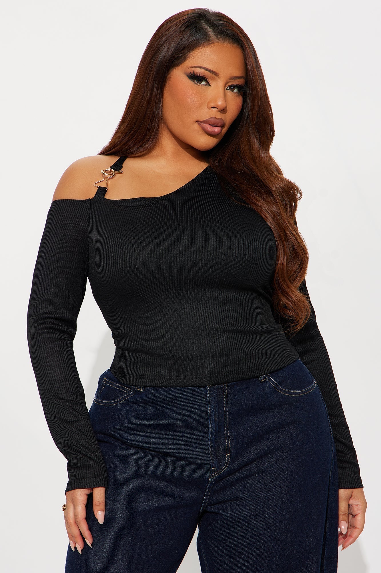 Individual Charm Ribbed Long Sleeve Top - Black