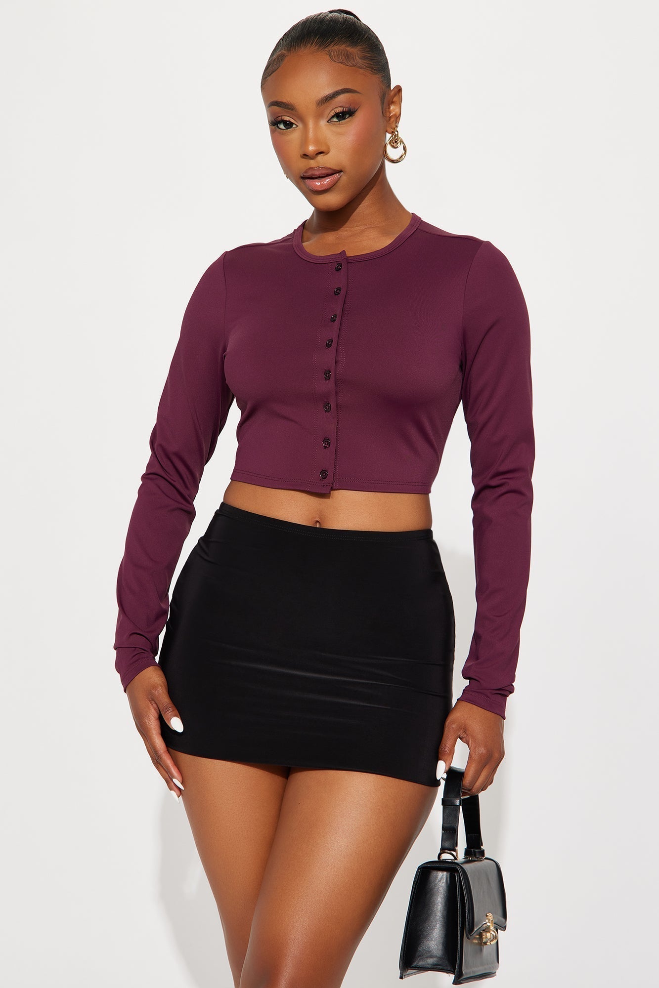 Nyx Long Sleeve Crew Neck Baby Tee - Burgundy
