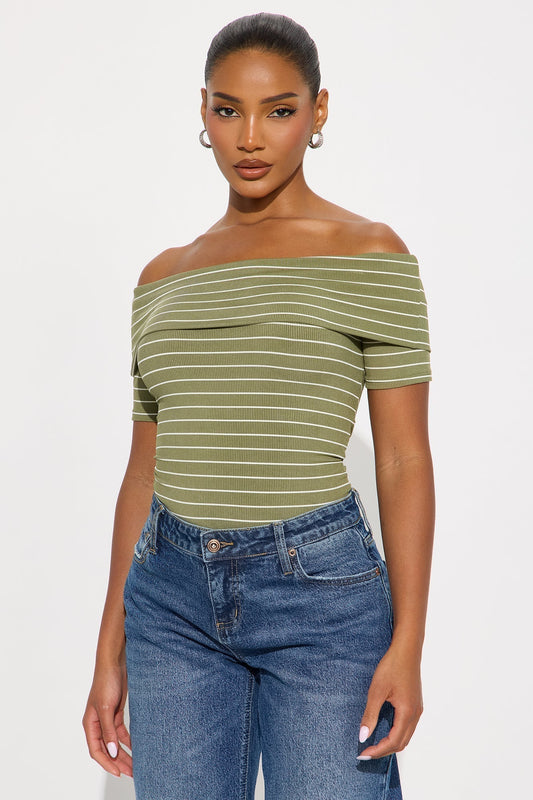Cinnamon Off Shoulder Ribbed Top - Olive/combo