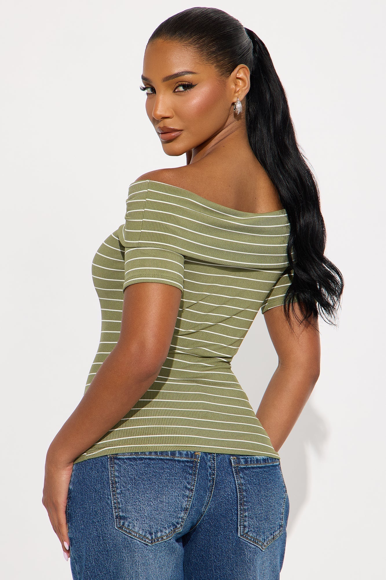 Cinnamon Off Shoulder Ribbed Top - Olive/combo