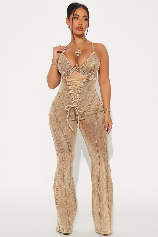 Level You Up Washed Denim Jumpsuit - Tan
