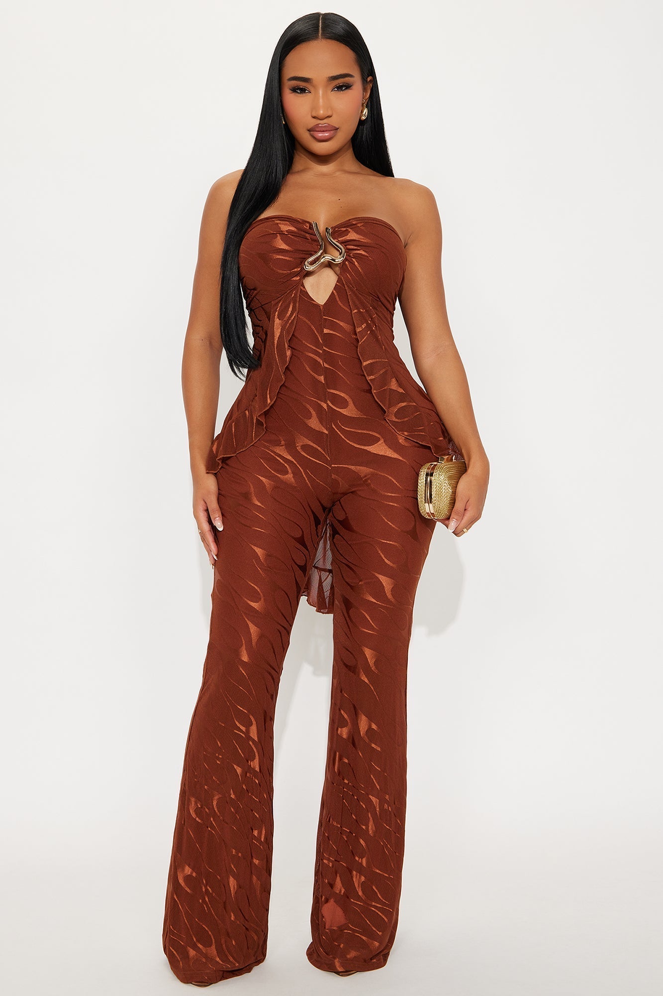 Weekend Glow Mesh Strapless Jumpsuit - Rust