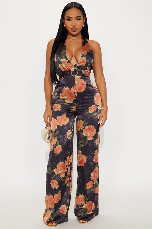 Calm And Collected Floral Satin Jumpsuit - Black/combo